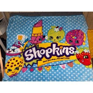 Shopkins Plush Throw Blanket Blue Polka Dot Characters 46x60 Fleece Y2K HTF